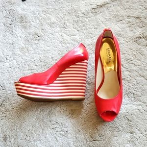 Michael Kors Patent Leather Platform Wedge Peep Shoe Red 10M